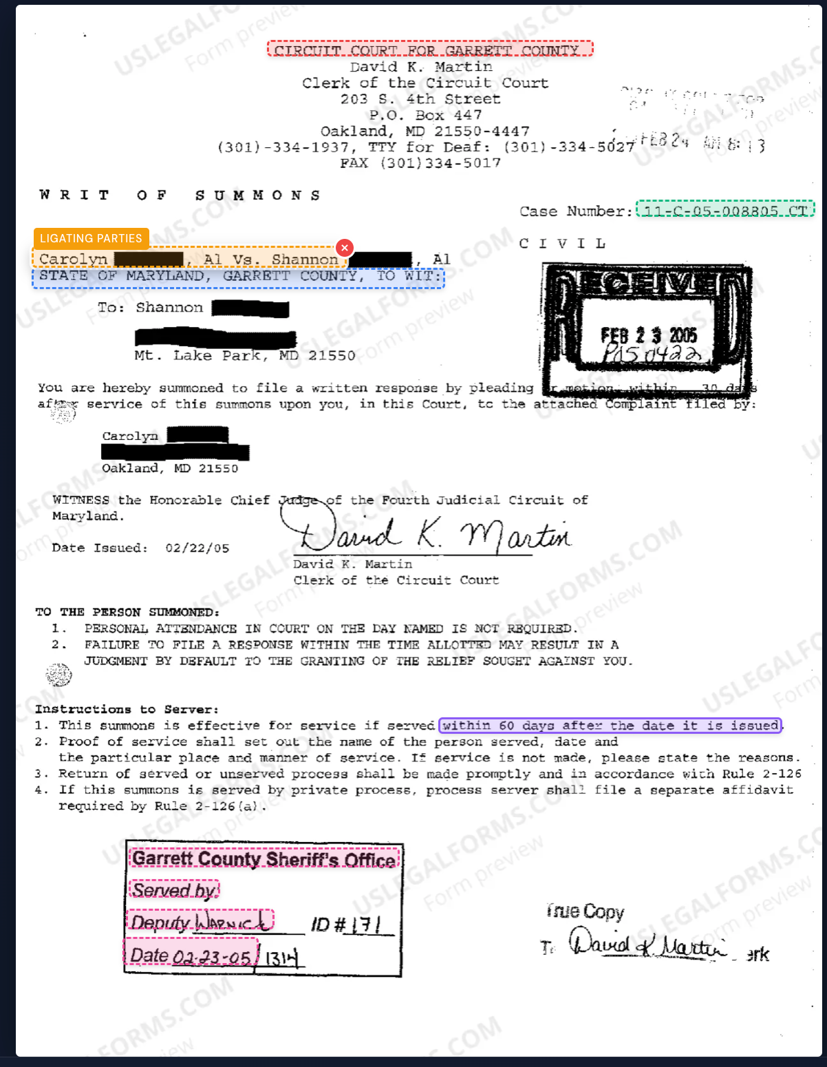 Legal document extraction example